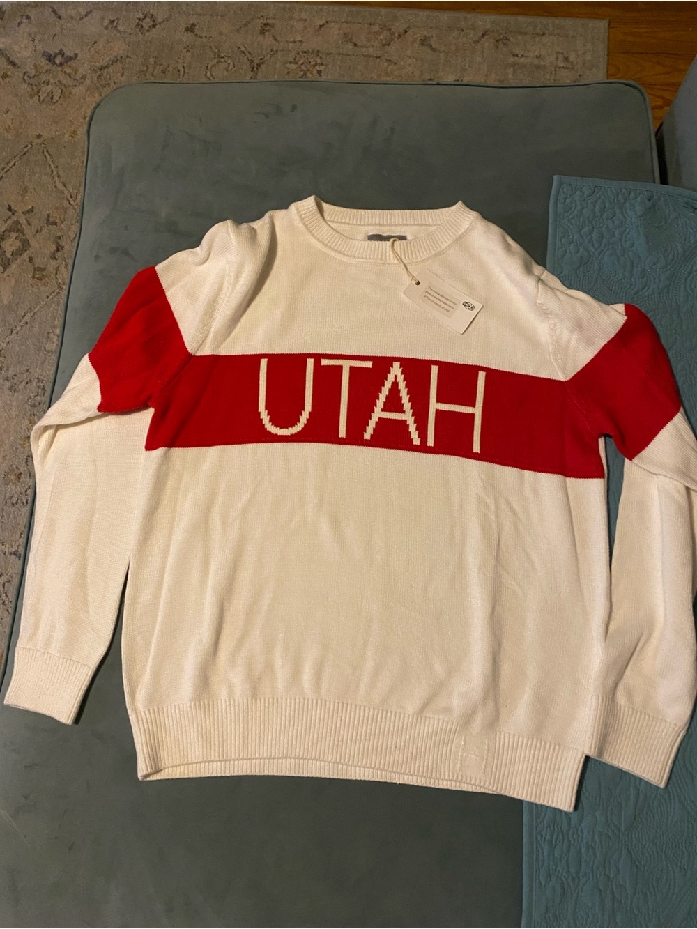 Utah Crewneck Sweater in White with Red Stripe - Men